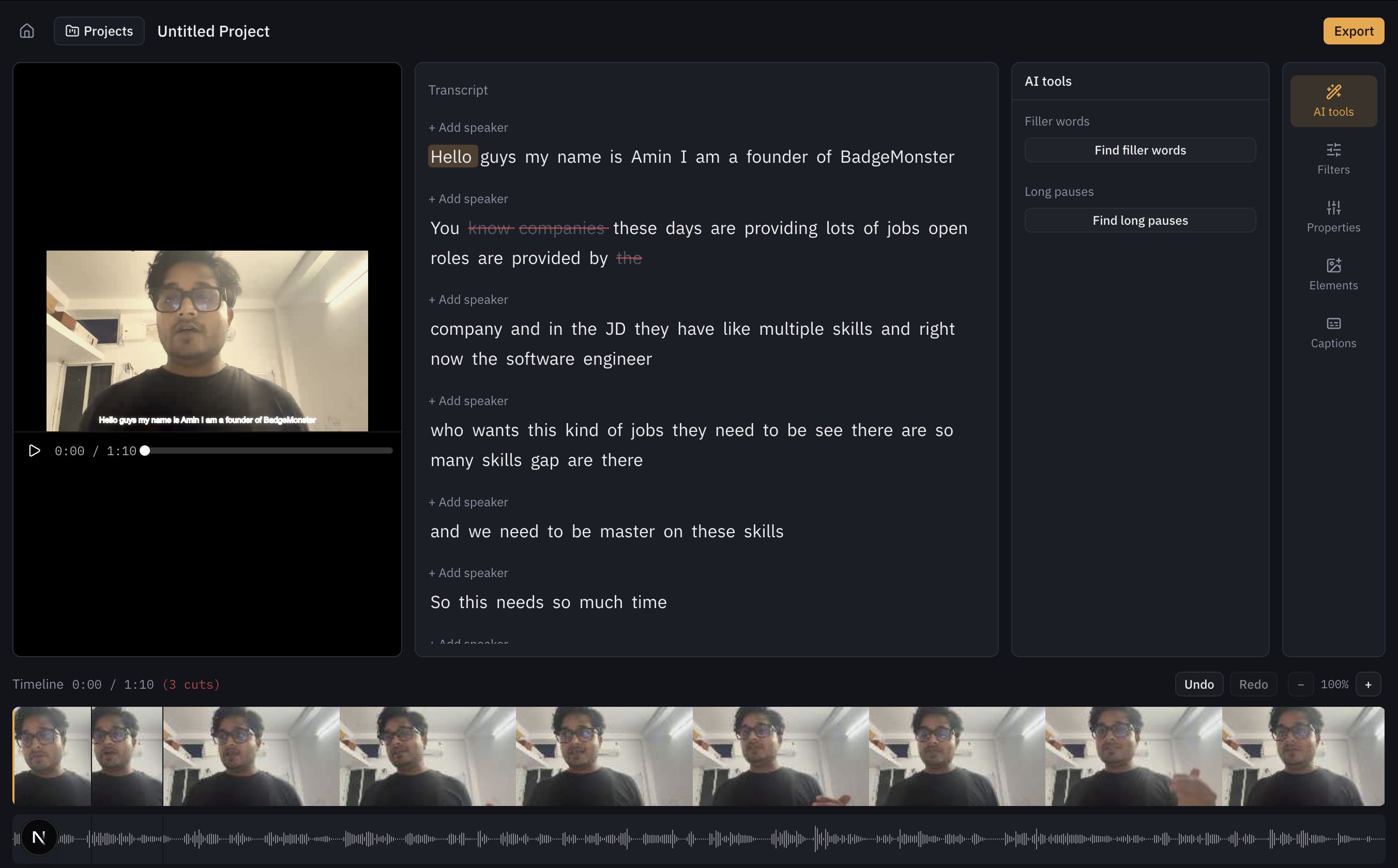 AI tools panel with Find filler words and Find long pauses, flagged words underlined in the transcript