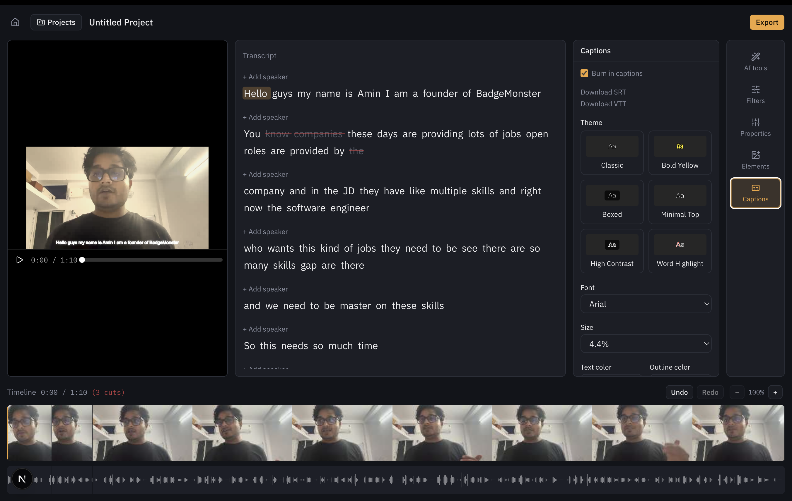 transcriptcut editor showing video, transcript, and timeline
